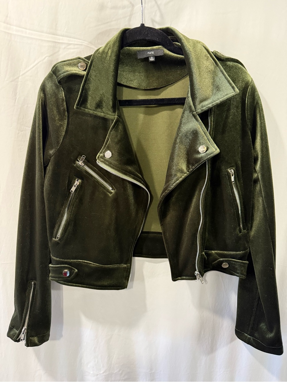 Fate Olive Green Velvet Moto Jacket